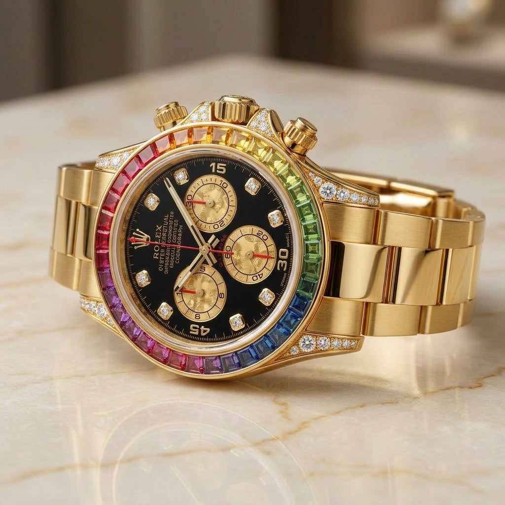Luxury Gold-Tone Chronograph Watch with Rainbow Bezel & Black Dial