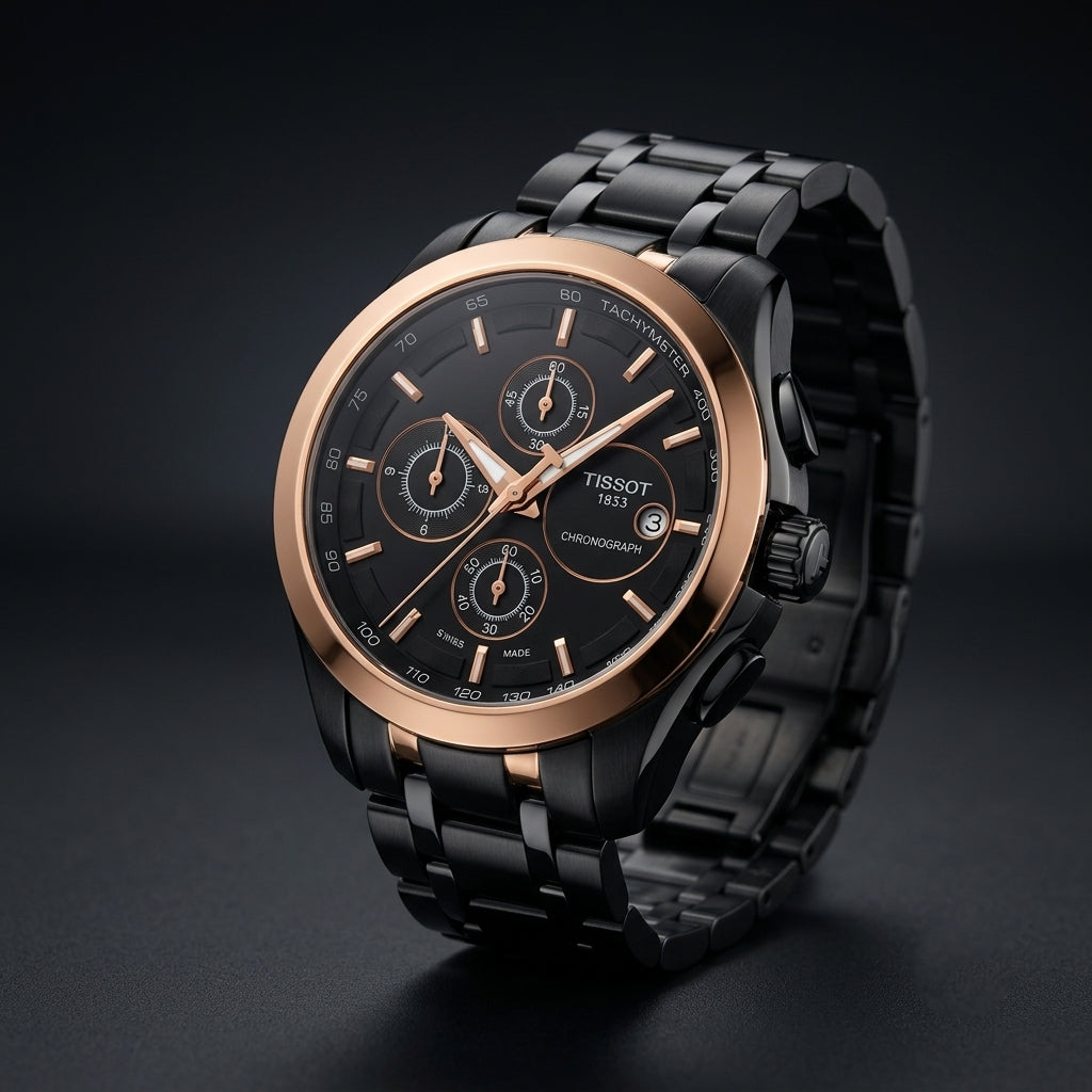 Tissot Chronograph Watch for Men – Black Stainless Steel Rose Gold Tone Tachymeter Dial