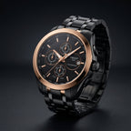 Tissot Chronograph Watch for Men – Black Stainless Steel Rose Gold Tone Tachymeter Dial