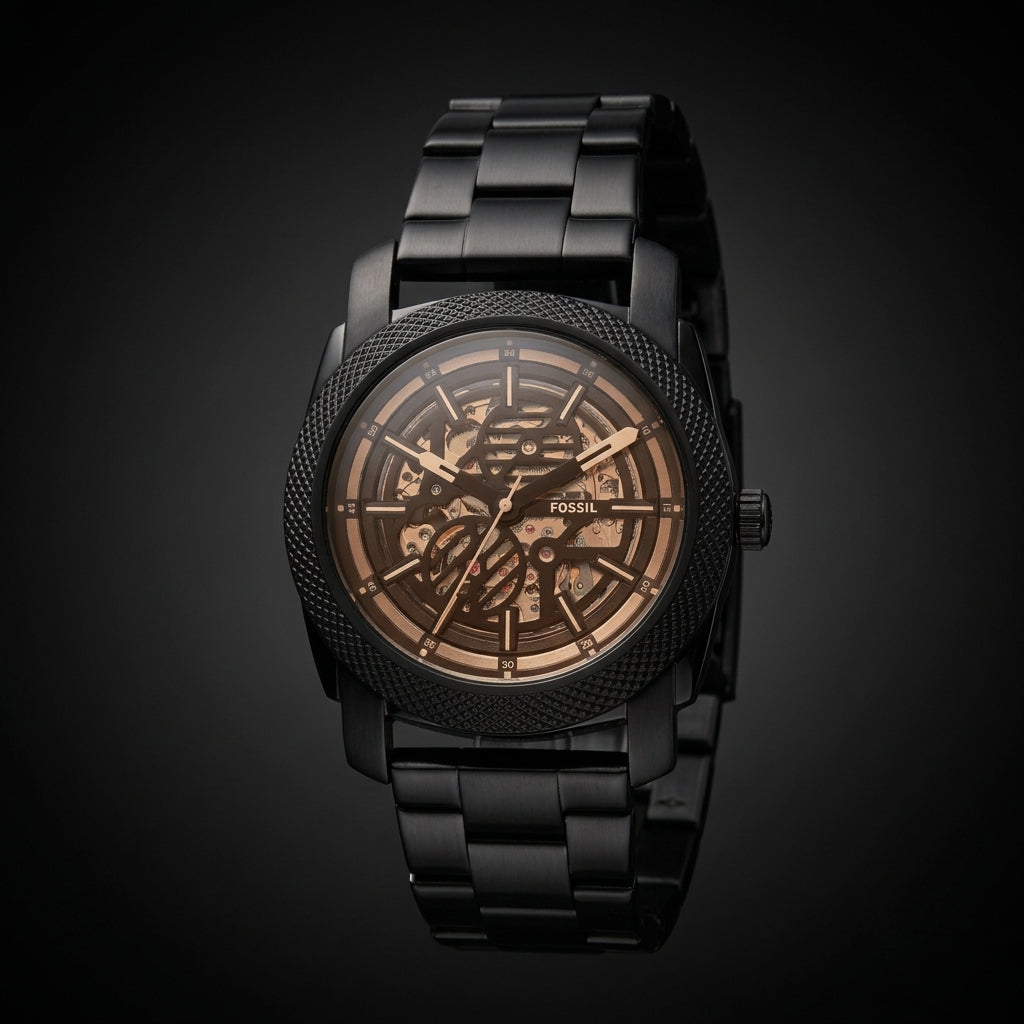 Men's Black Stainless Steel Skeleton Automatic Watch
