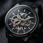 Men's Black Automatic Skeleton Mechanical Watch with Silicone Strap