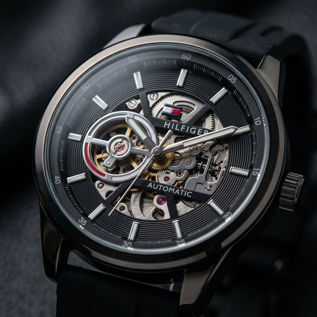 Men's Black Automatic Skeleton Mechanical Watch with Silicone Strap