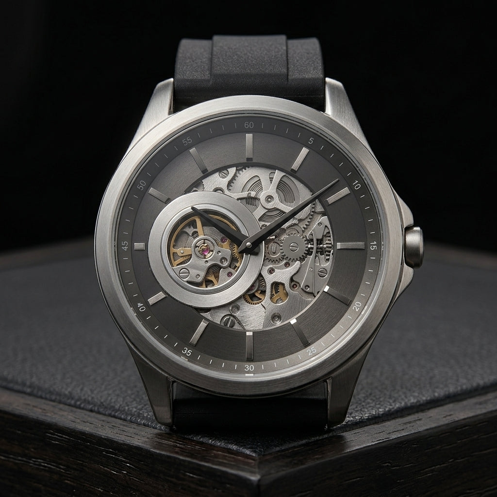 Men's Mechanical Skeleton Analog Watch with Black Silicone Strap