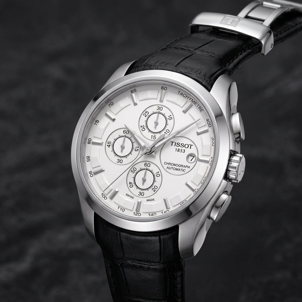 Men’s Swiss Automatic Chronograph Watch with Black Leather Strap