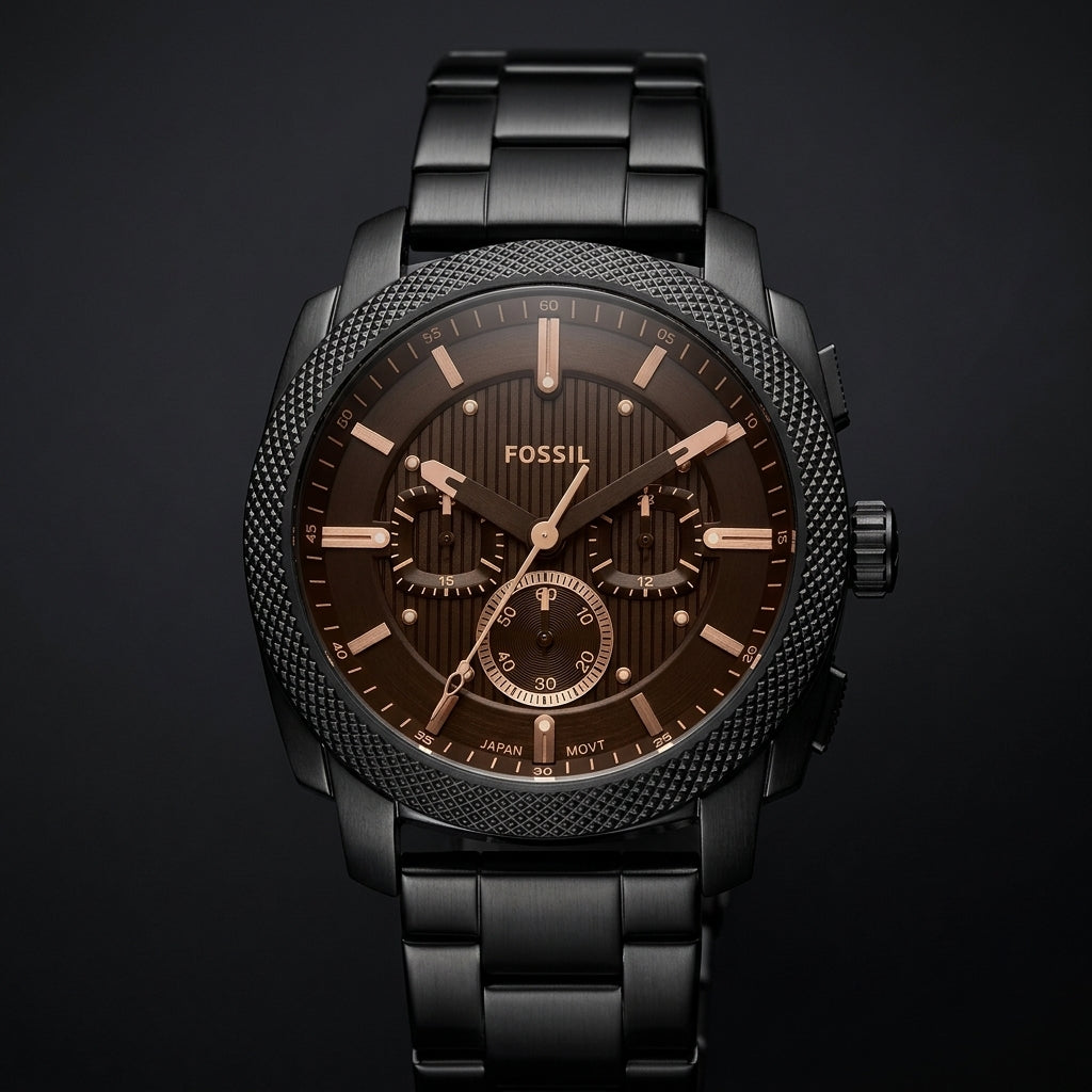 Men's Analog Chronograph Black Stainless Steel Watch with Brown Dial