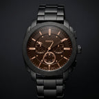 Men's Analog Chronograph Black Stainless Steel Watch with Brown Dial