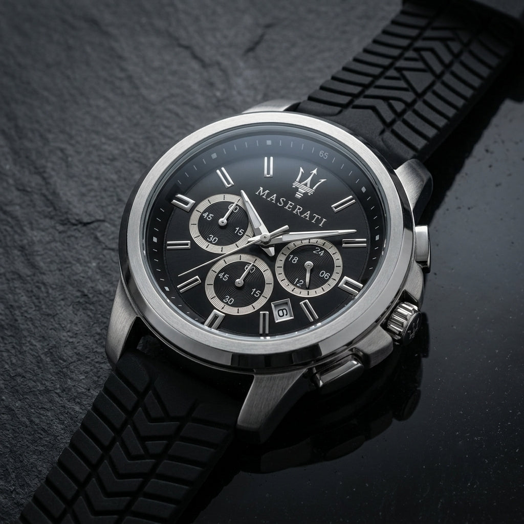 Maserati Men's Analog Chronograph Black Dial Watch with Black Strap