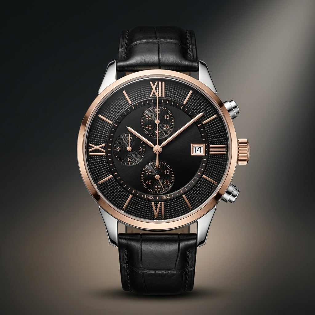 Luxury Men’s Chronograph Watch – Black Leather & Rose Gold