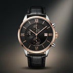 Luxury Men’s Chronograph Watch – Black Leather & Rose Gold
