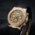 Luxury Gold Chronograph Watch with Black Rubber Strap & Diamond-Style Dial