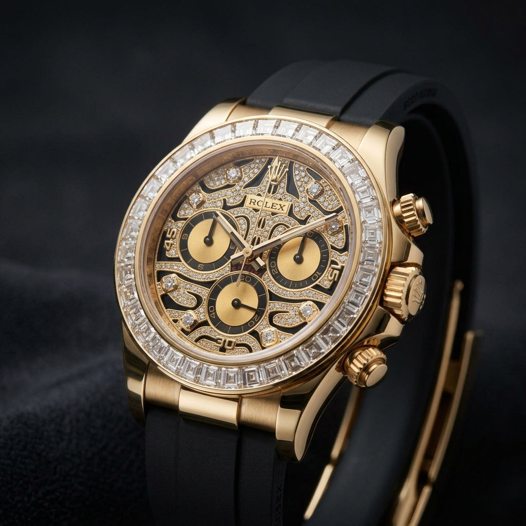 Luxury Gold Chronograph Watch with Black Rubber Strap & Diamond-Style Dial