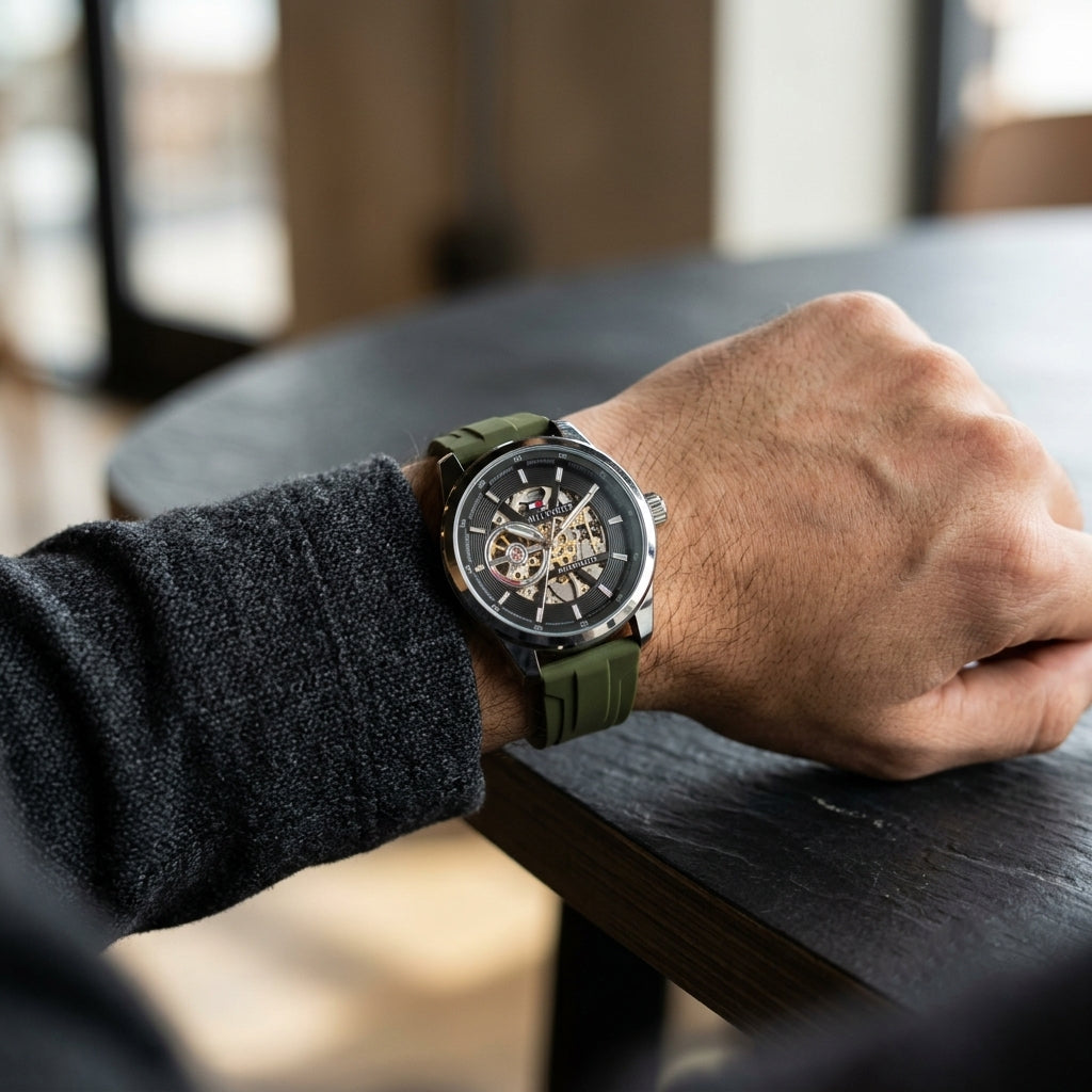 Tommy Hilfiger Men’s Automatic Skeleton Watch with Green Silicone Strap