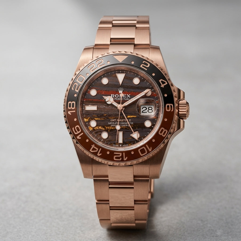 Luxury Rose Gold GMT Style Watch with Wood Pattern Dial