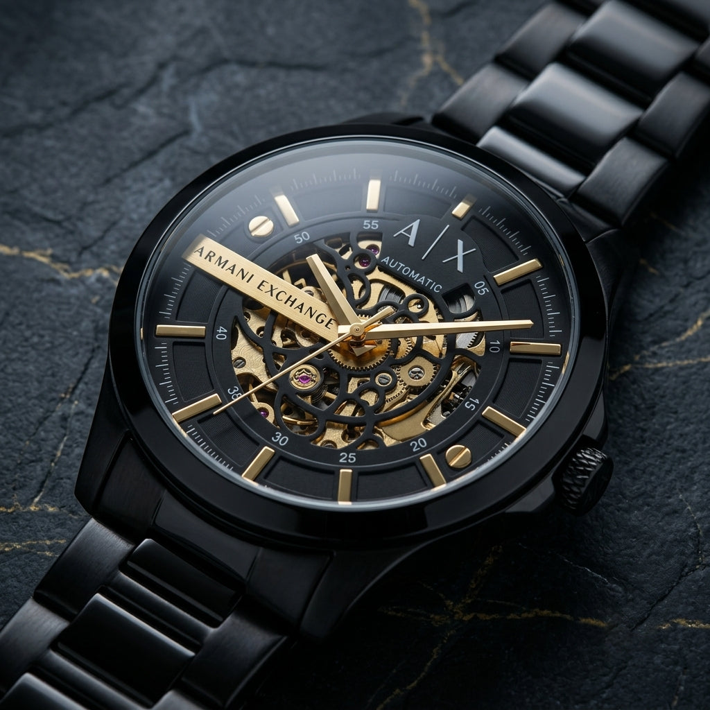 Armani Exchange Automatic Black Stainless Steel Skeleton Dial Watch for Men