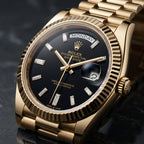 Luxury Gold Tone Day-Date Style Men’s Watch with Black Dial