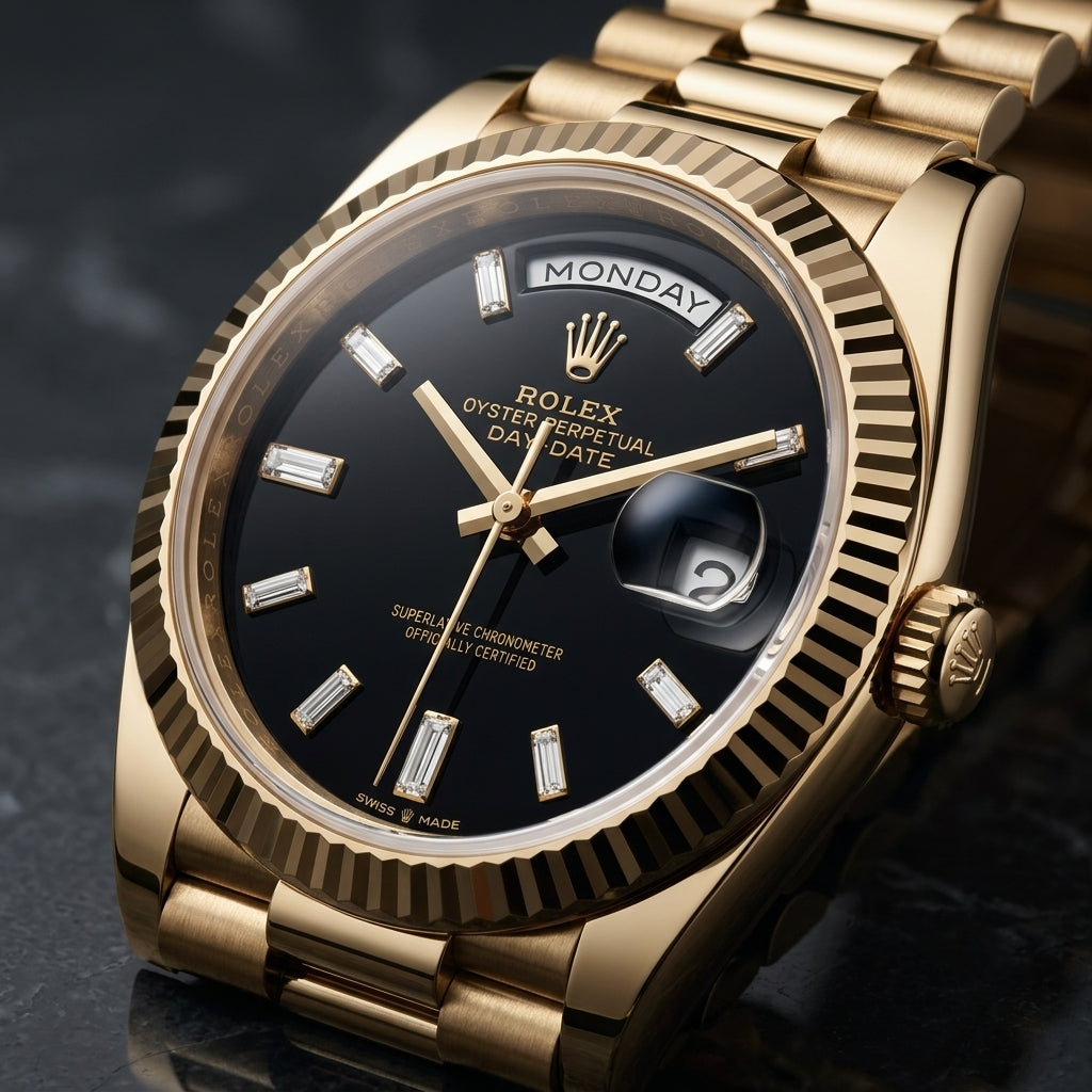Luxury Gold Tone Day-Date Style Men’s Watch with Black Dial