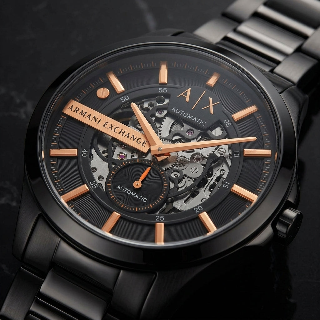 Armani Exchange Men’s Black Automatic Skeleton Analog Watch with Stainless Steel Bracelet