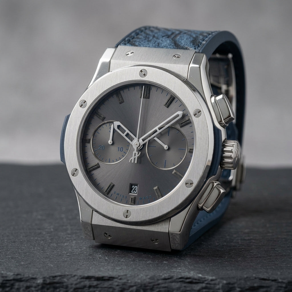 Men's Luxury Chronograph Watch with Blue Printed Strap & Silver Dial