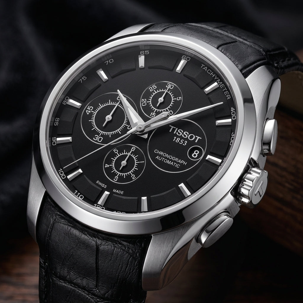 Tissot Men’s Automatic Chronograph Black Dial Leather Strap Watch