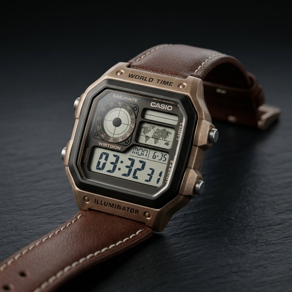 Vintage Digital Watch with Genuine Leather Strap – Retro Casual Wristwatch