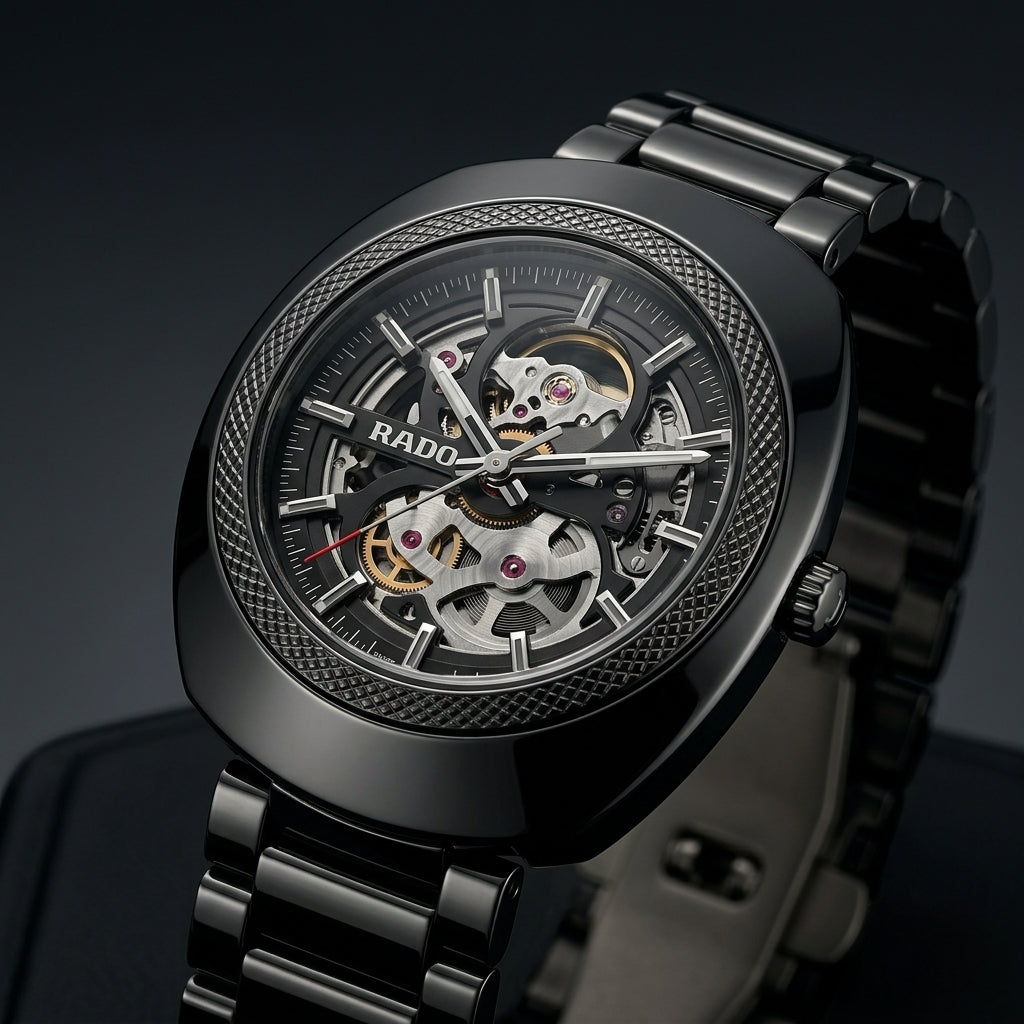 RADO Black Skeleton Automatic Watch with Stainless Steel Bracelet