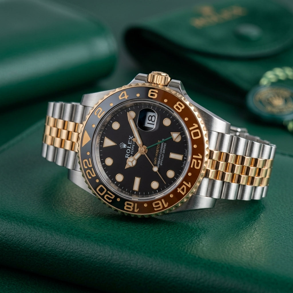 Two Tone Luxury GMT Watch with Brown Dial & Date Display