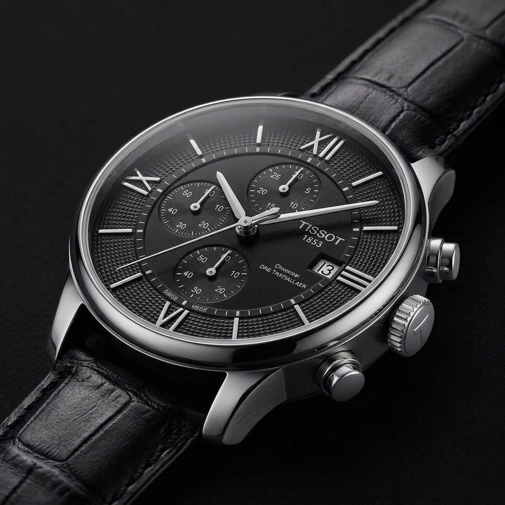 Men's Black Chronograph Leather Strap Watch