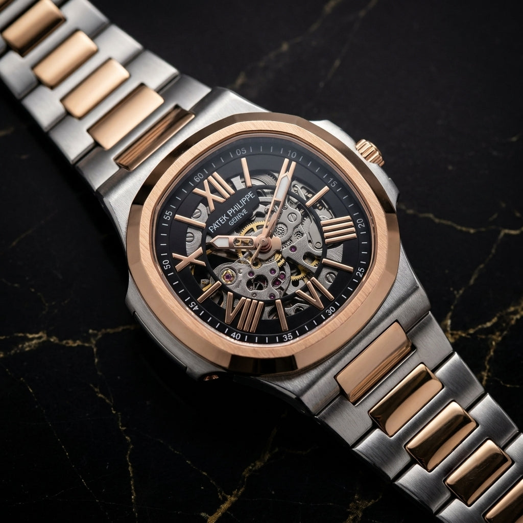 Luxury Skeleton Automatic Style Watch for Men – Rose Gold & Silver