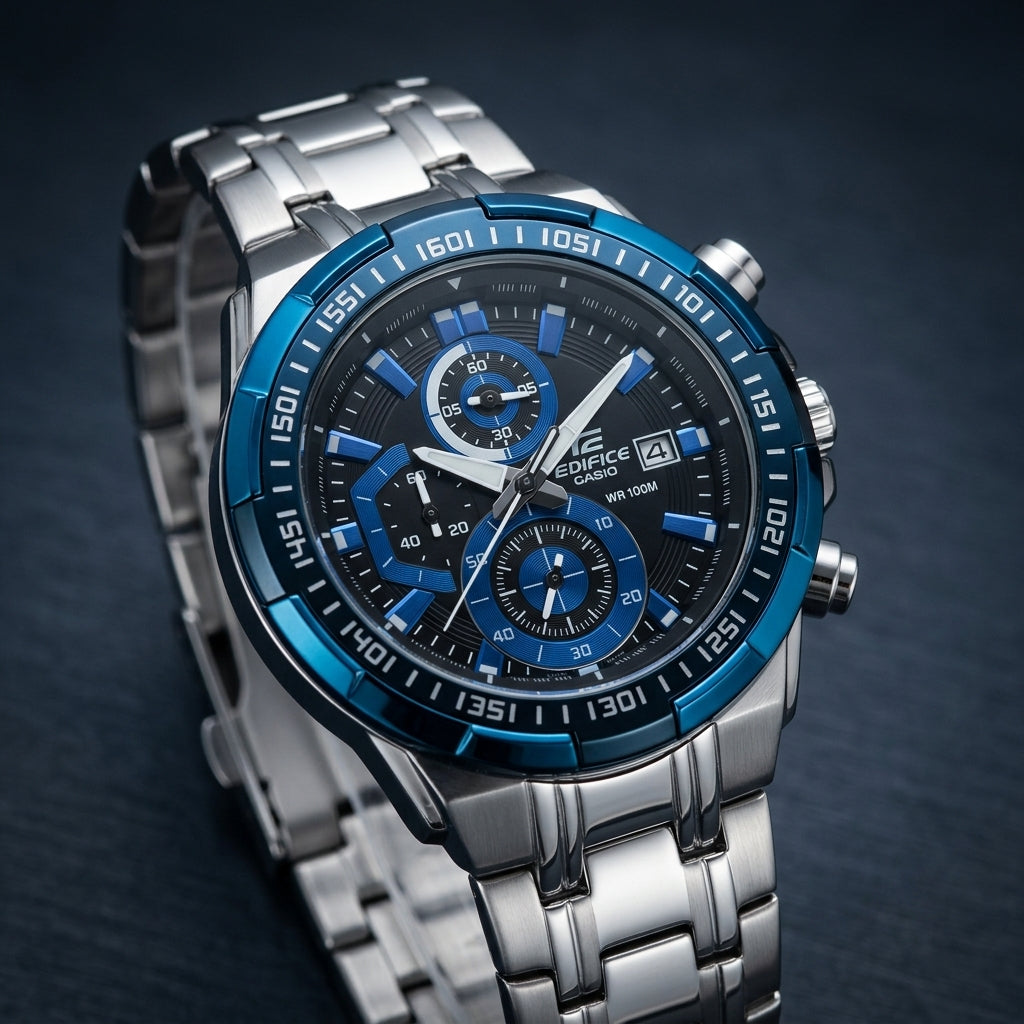 Men's Stainless Steel Chronograph Watch with Blue Dial & Metal Strap