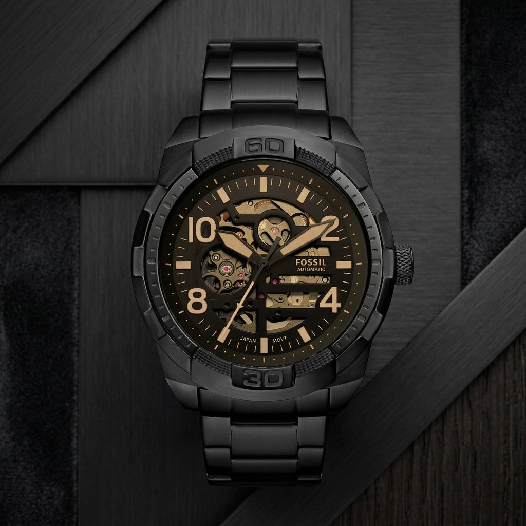 Fossil Automatic Black Stainless Steel Skeleton Watch for Men