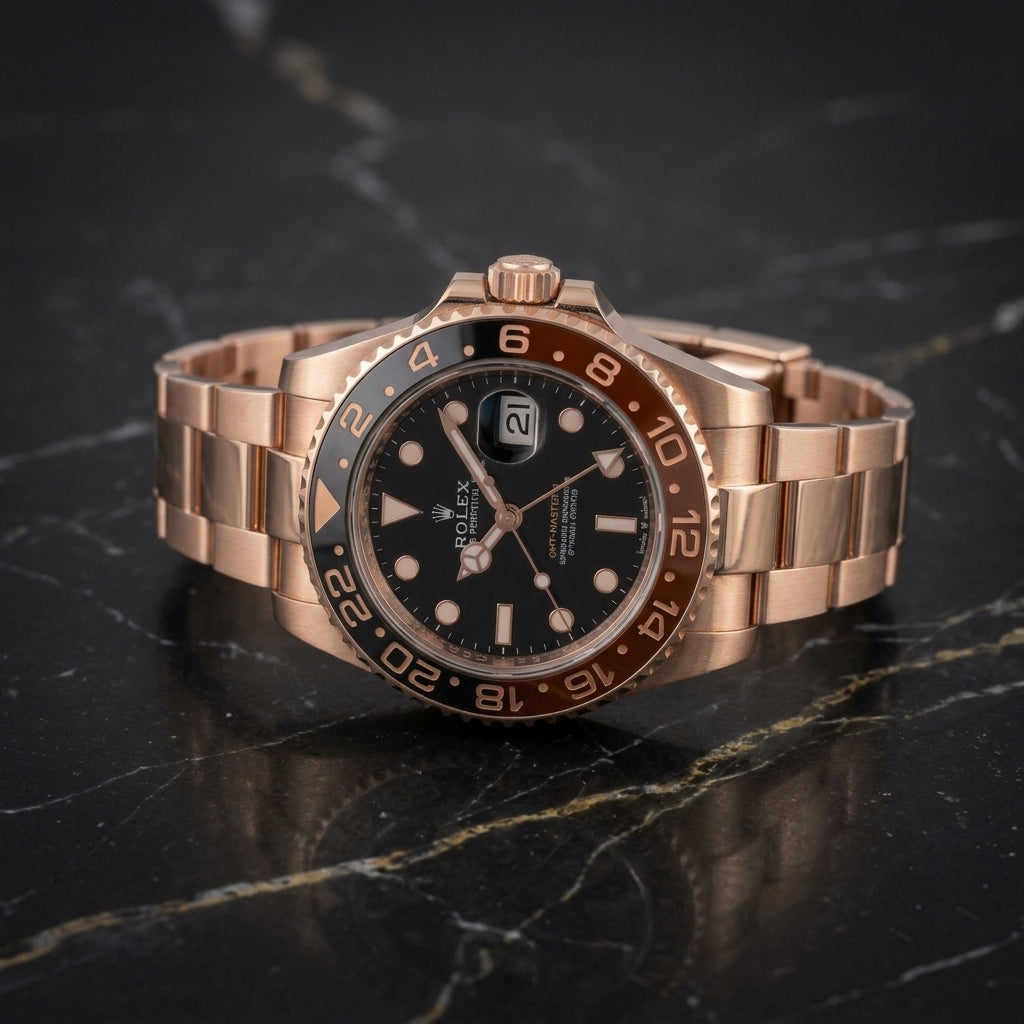 Rose Gold Luxury GMT-Style Men's Watch with Black Dial