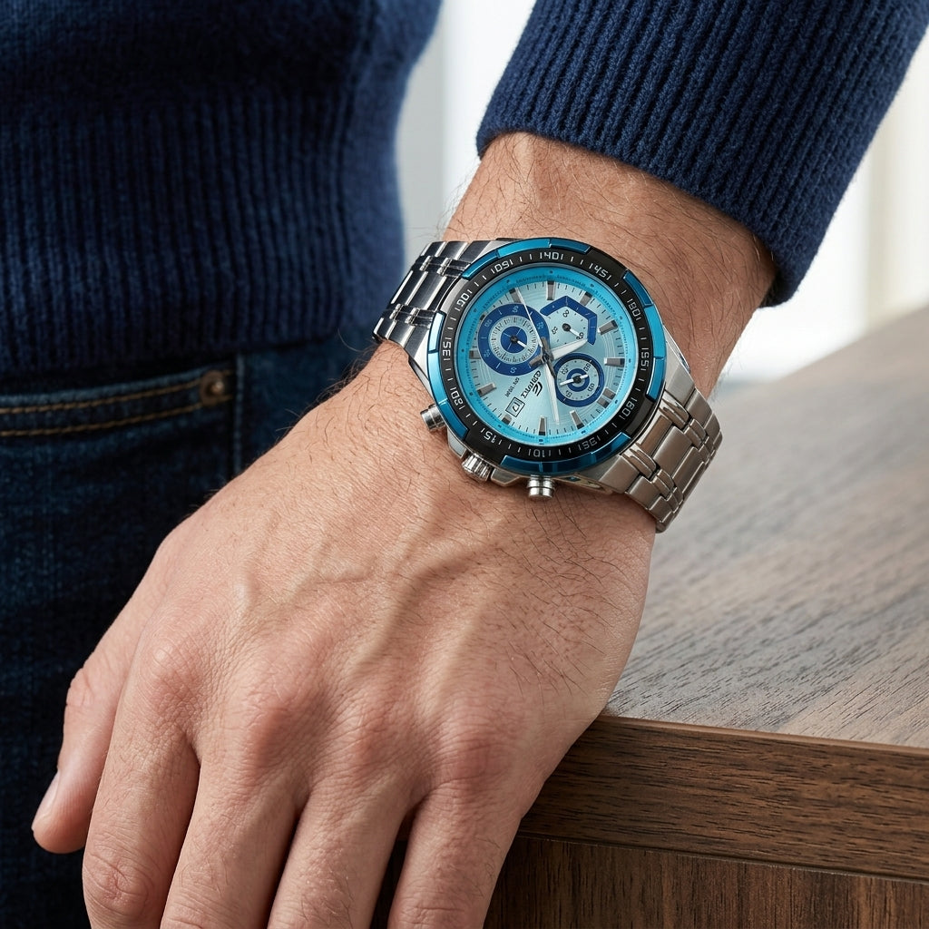 Men's Stainless Steel Chronograph Watch with Blue Dial & Silver Bracelet