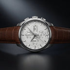 Men’s Chronograph Watch with Brown Leather Strap & Silver Case