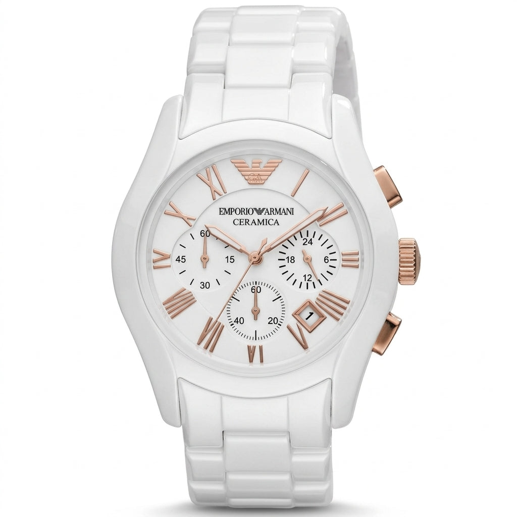 Emporio Armani Ceramica White Ceramic Rose Gold Chronograph Watch for Men
