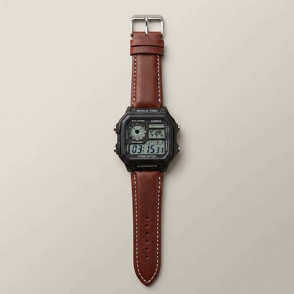 Casio Digital World Time Watch with Brown Leather Strap