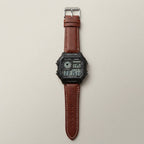 Casio Digital World Time Watch with Brown Leather Strap