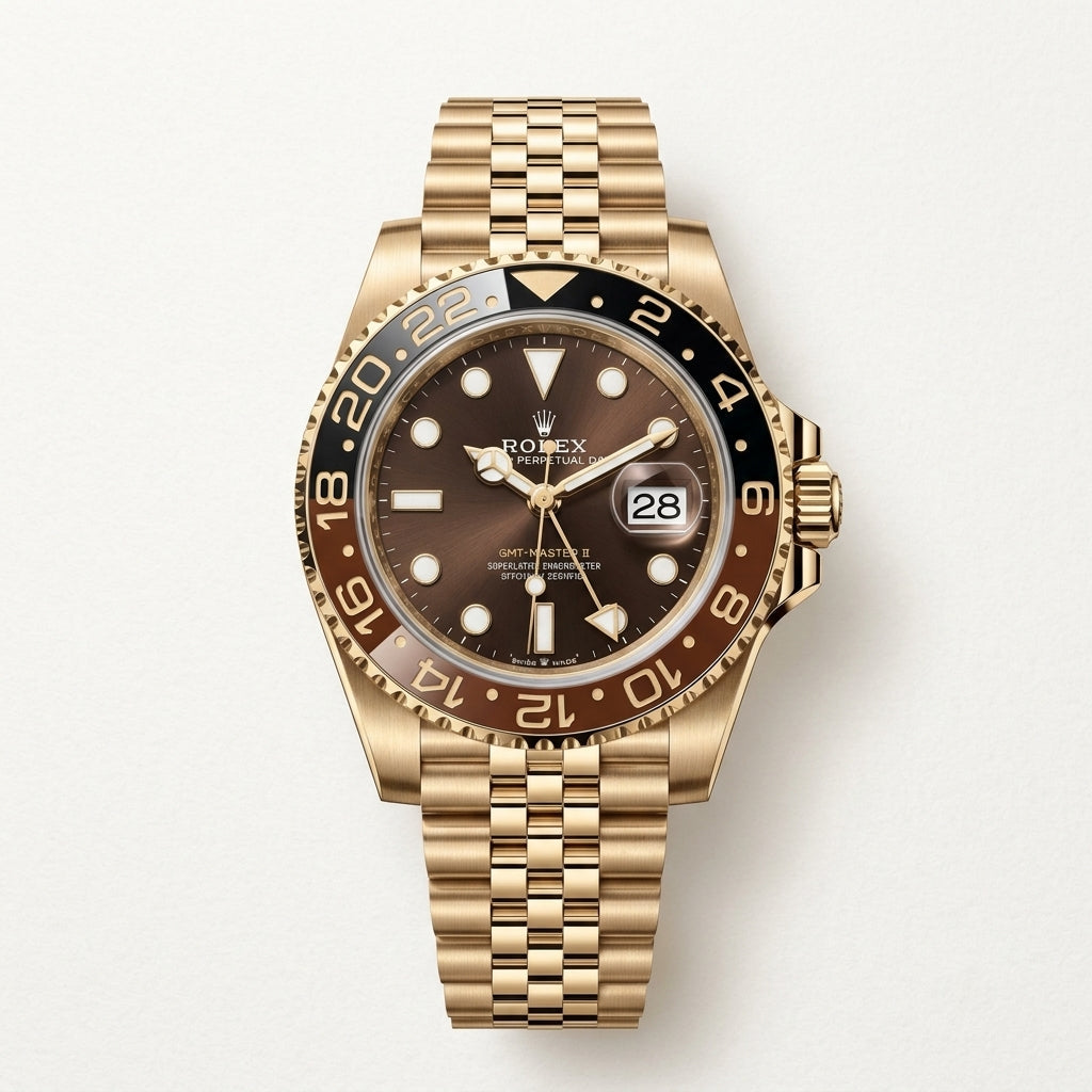 Luxury Gold Tone GMT Style Men’s Watch with Brown Dial & Jubilee Bracelet