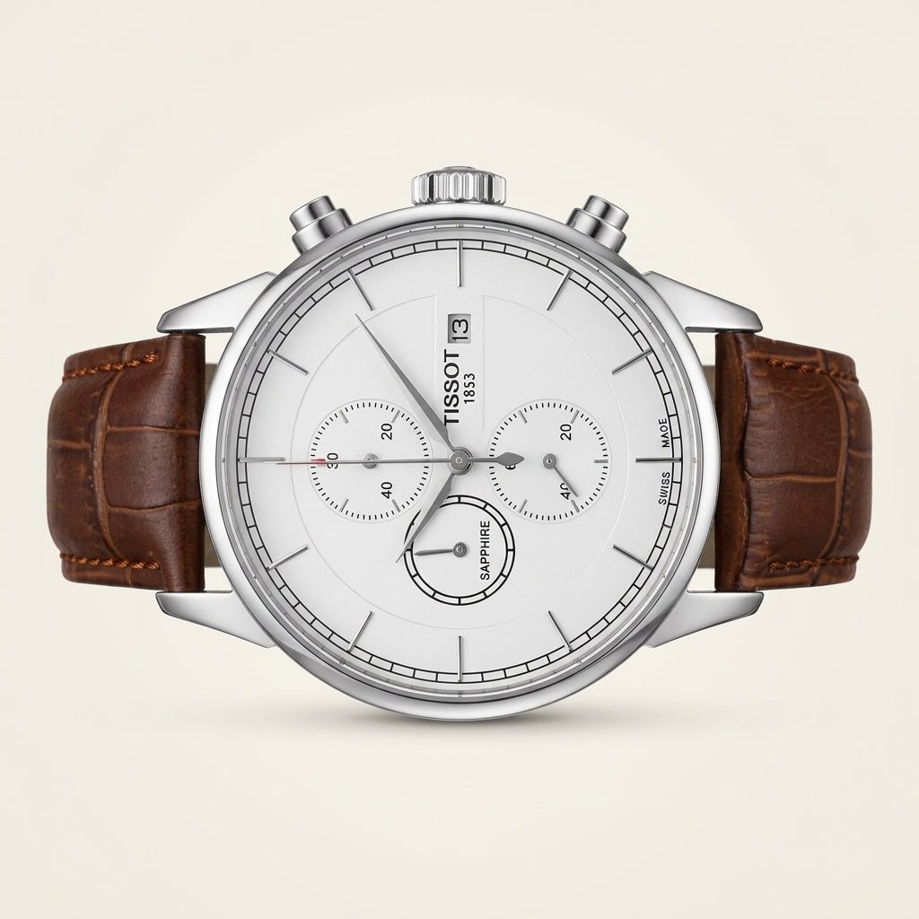 Tissot Style Swiss Made Chronograph Watch with Brown Leather Strap