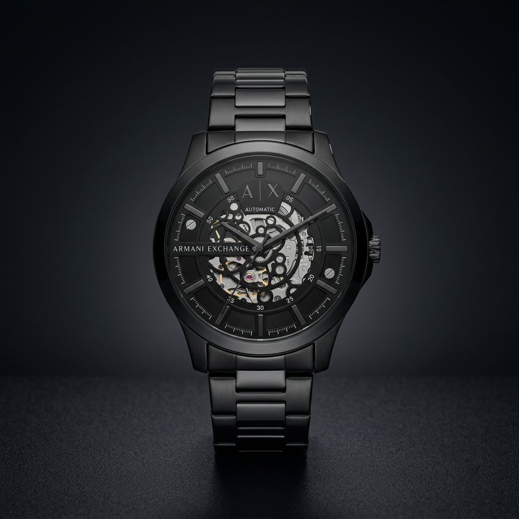 Armani Exchange Automatic Skeleton Watch for Men Black Stainless Steel Analog Wrist Watch