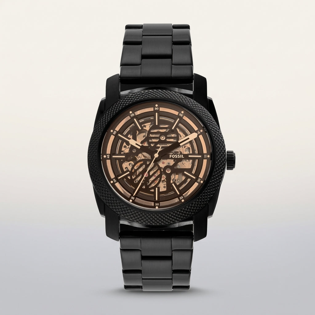 Men's Black Stainless Steel Skeleton Automatic Watch