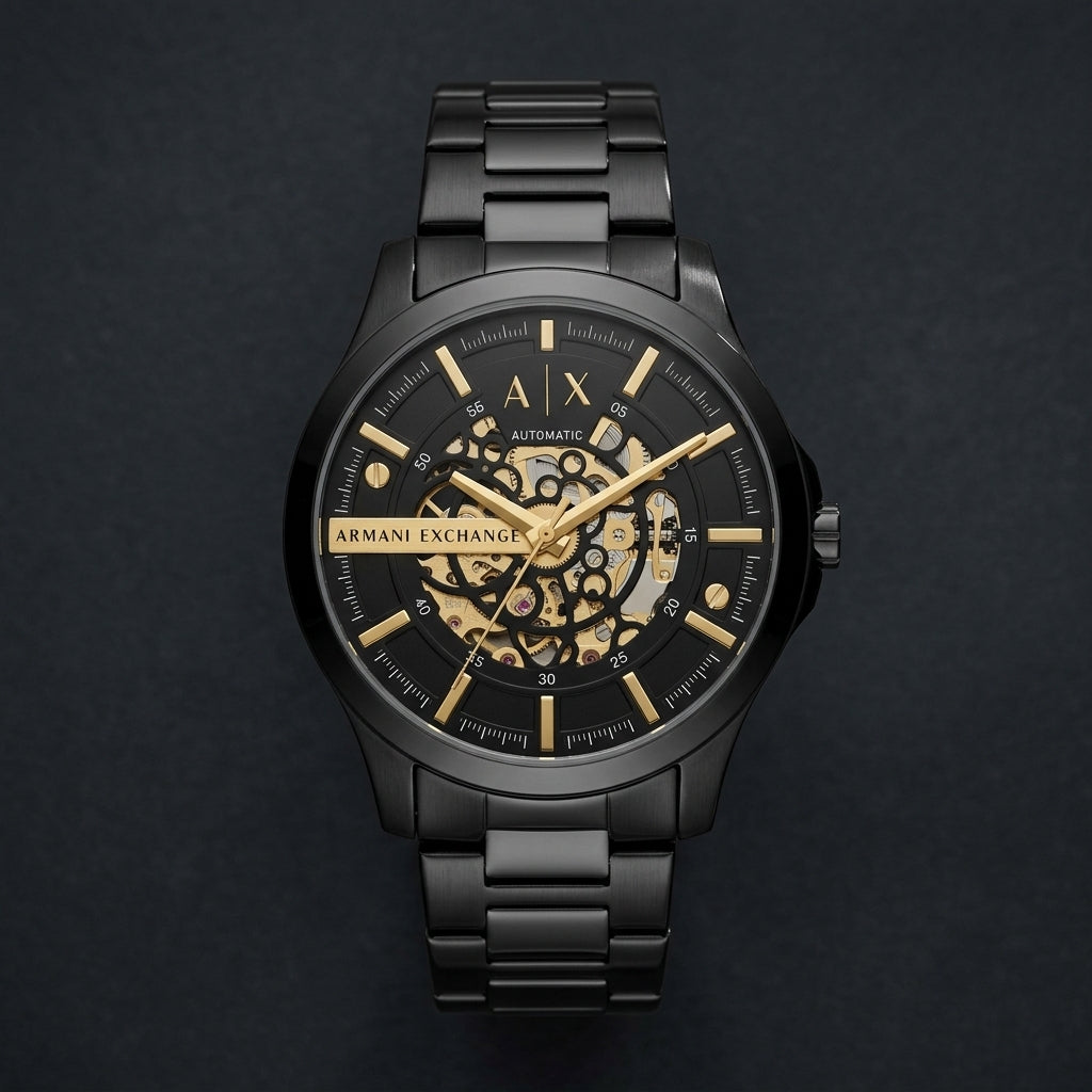 Armani Exchange Automatic Black Stainless Steel Skeleton Dial Watch for Men