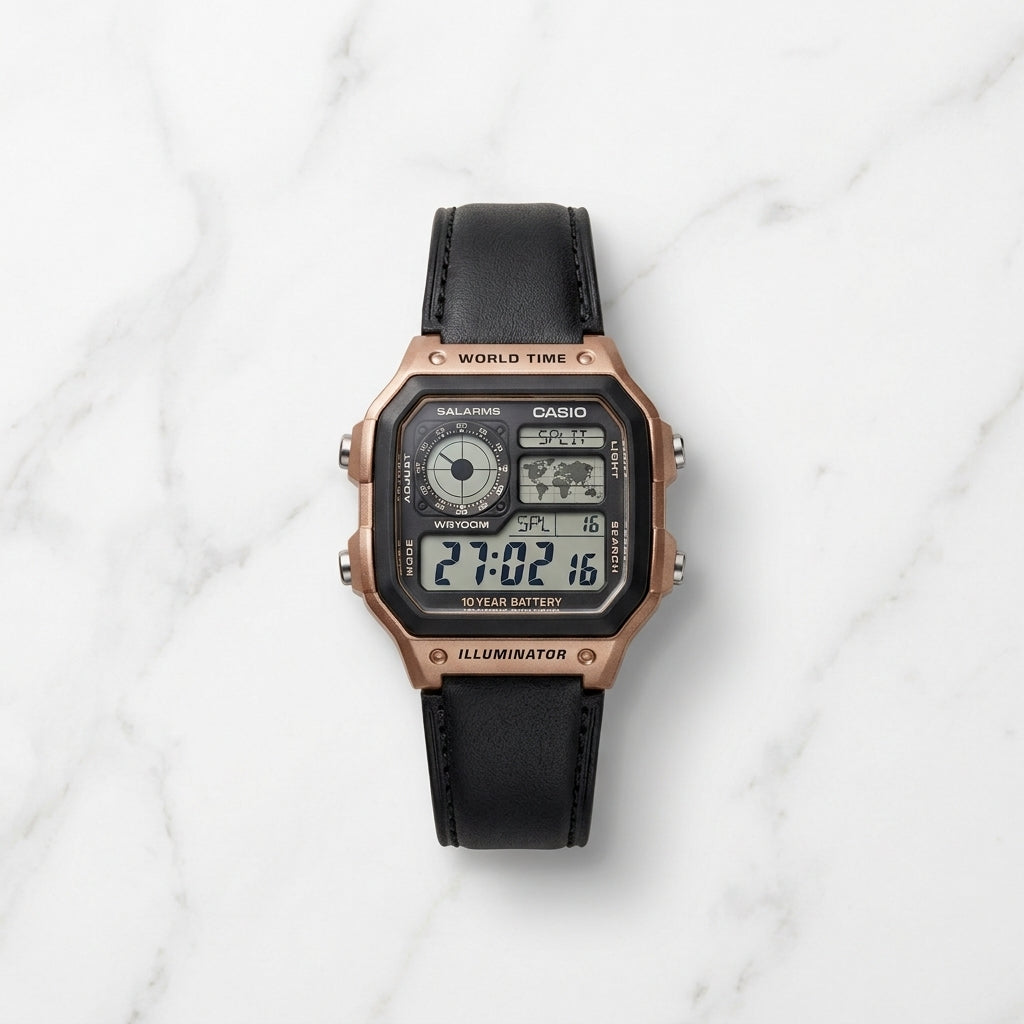 Casio Vintage Digital World Time Black Leather Strap Watch for Men