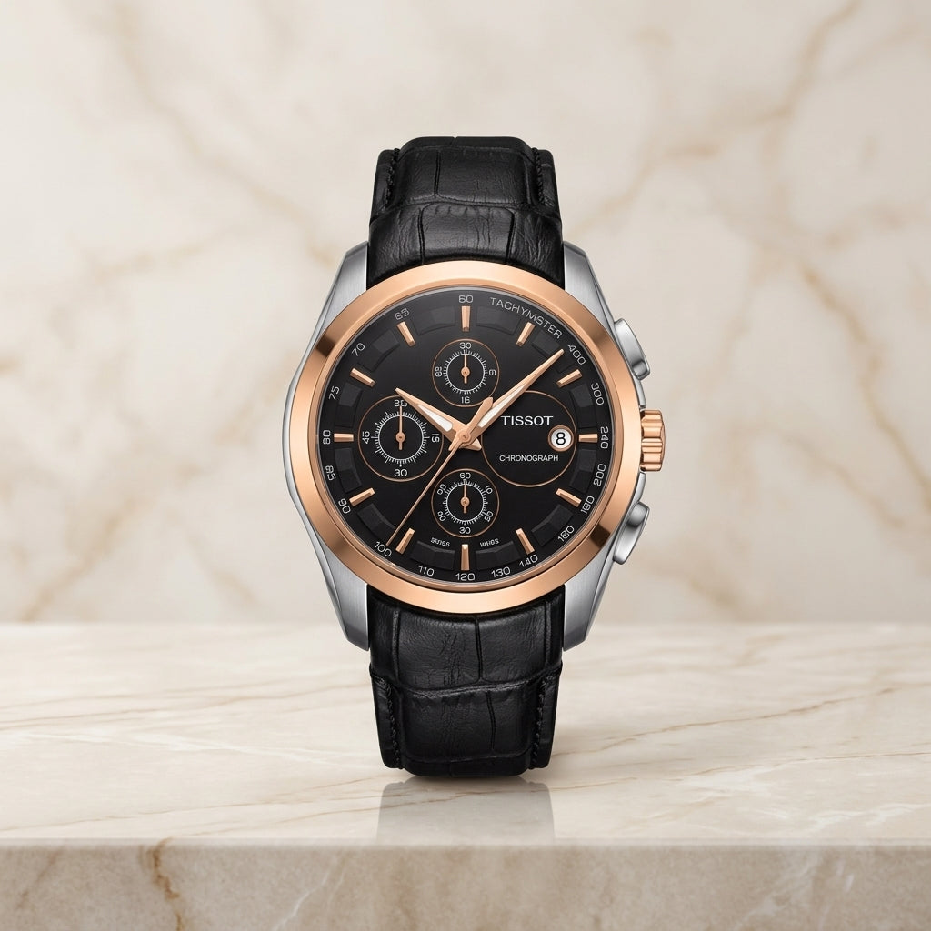 Tissot Men’s Chronograph Watch Black Dial Rose Gold Stainless Steel Case