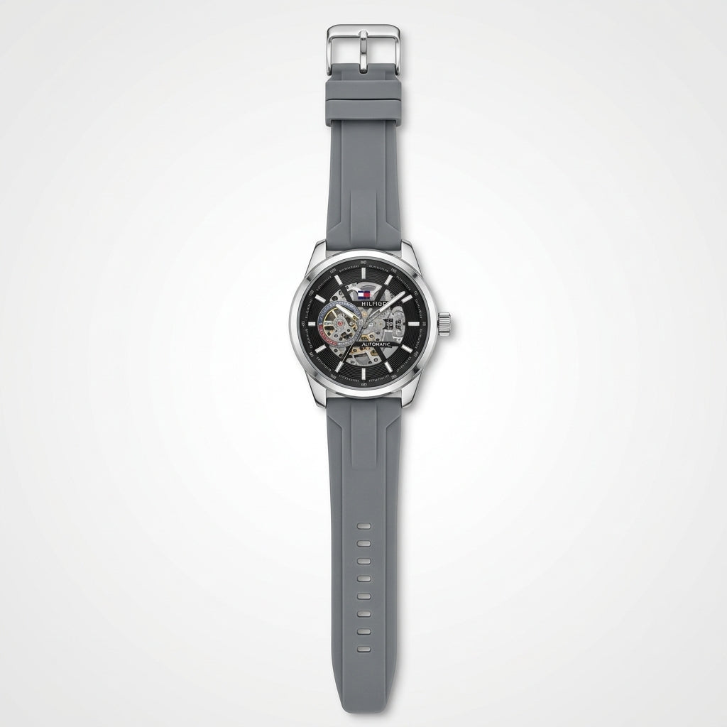 Tommy Hilfiger Men’s Automatic Skeleton Watch – Grey Silicone Strap