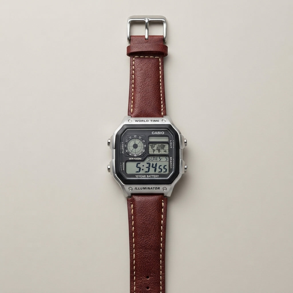 Casio Digital World Time Watch with Brown Leather Strap for Men