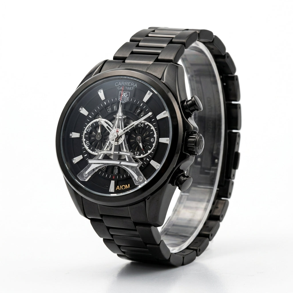 Black Chronograph Watch for Men – Stainless Steel Bracelet & Skeleton Dial
