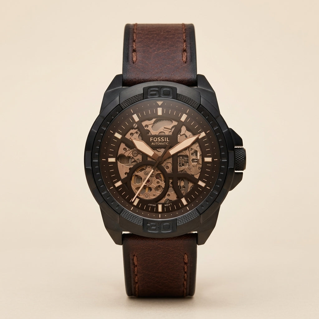 Men's Automatic Skeleton Dial Brown Leather Strap Watch