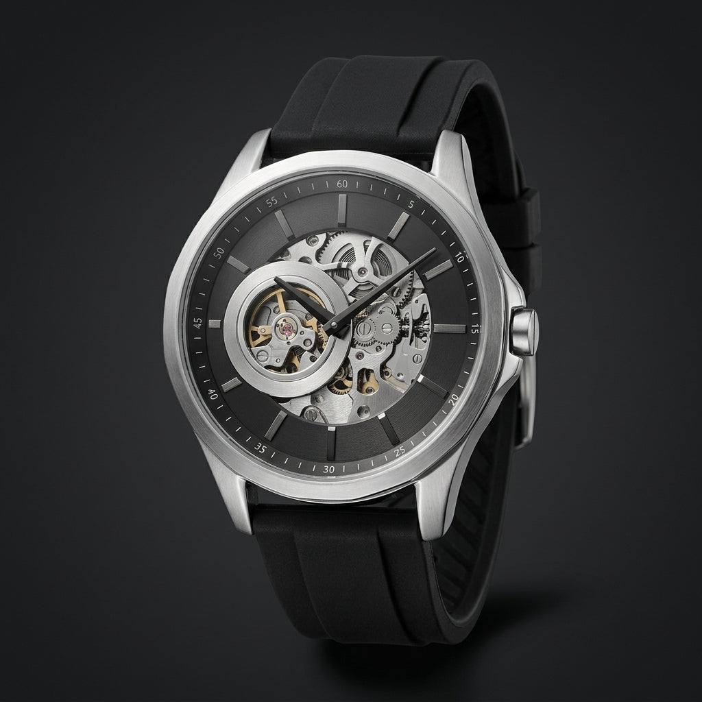 Men's Mechanical Skeleton Analog Watch with Black Silicone Strap