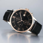 Luxury Men’s Chronograph Watch – Black Leather & Rose Gold