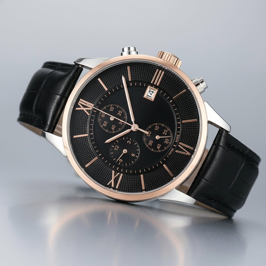 Luxury Men’s Chronograph Watch – Black Leather & Rose Gold